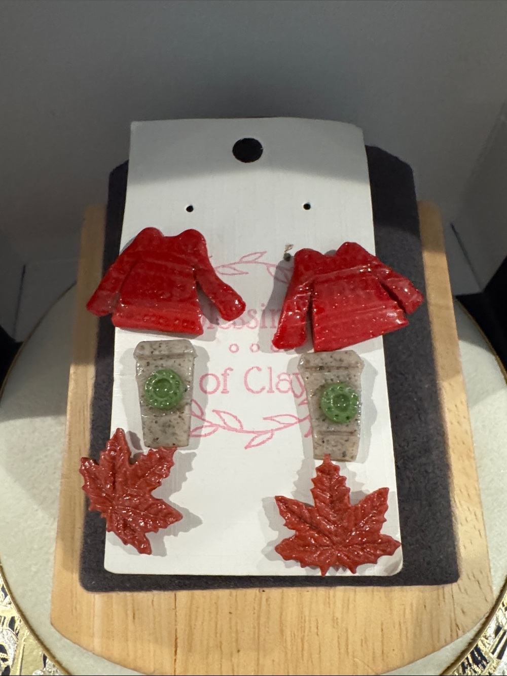 Handmade Fall Earring Set – Red Sweaters, Maple Leaves & Coffee Cups